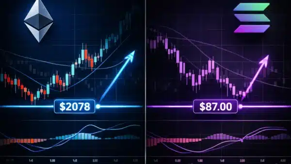 Graphiques techniques montrant la consolidation d'Ethereum à 2078 dollars et de Solana à 87 dollars.