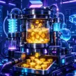 Illustration conceptuelle de l'expérience Percolator sur Solana, montrant un système de tokenomics innovant dans un laboratoire digital.