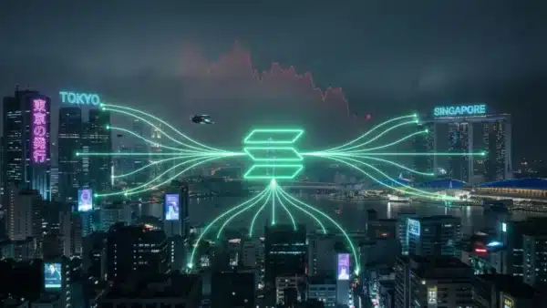 Illustration conceptuelle du déploiement du réseau Pacific Backbone de Solana en Asie malgré la chute de son cours en bourse.