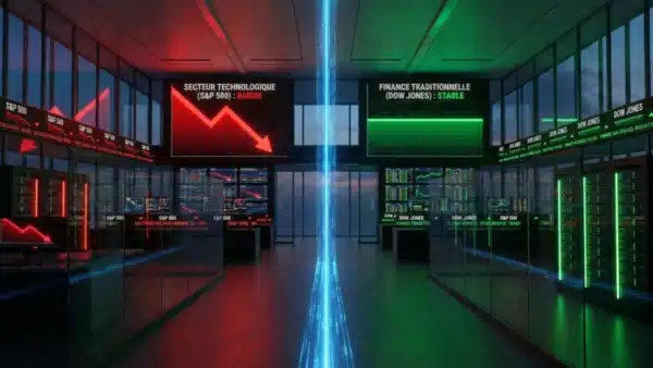 Graphique boursier illustrant la baisse du S&P 500 face à la résistance du Dow Jones suite aux résultats de Nvidia.