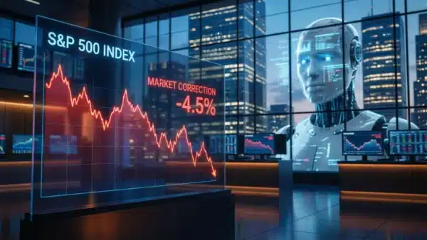 Graphique boursier illustrant la baisse de l'indice SP500 causée par le rebond de l'inflation et la peur liée à l'intelligence artificielle.