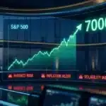 Graphique financier illustrant la forte hausse de l'indice SP500 vers les 7 000 points malgré les risques boursiers.