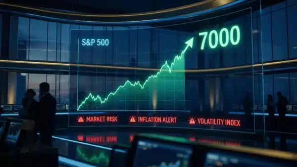 Graphique financier illustrant la forte hausse de l'indice SP500 vers les 7 000 points malgré les risques boursiers.