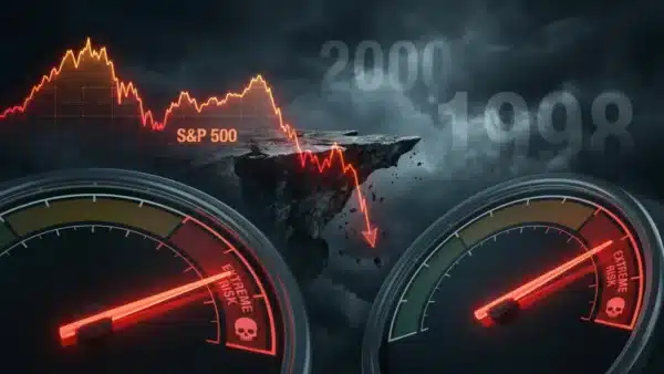 Graphique du S&P 500 montrant des signaux d'alerte similaires à la bulle internet de 2000, prédisant une baisse potentielle.