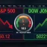 Graphique montrant la baisse du S&P 500 à 6950 points contrastée par la hausse du Dow Jones.