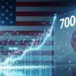 Graphique futuriste du S&P 500 tentant de franchir les 7000 points, soutenu par des résultats d'entreprises solides.