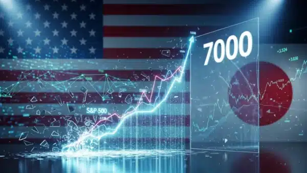 Graphique futuriste du S&P 500 tentant de franchir les 7000 points, soutenu par des résultats d'entreprises solides.
