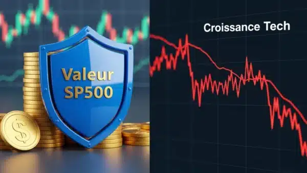 Comparaison visuelle entre la performance stable de l'ETF SP500 Value (VOOV) et la volatilité du secteur technologique.