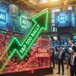 Graphique boursier illustrant le puissant rebond du SP500 propulsé par l'intelligence artificielle malgré les tarifs douaniers.