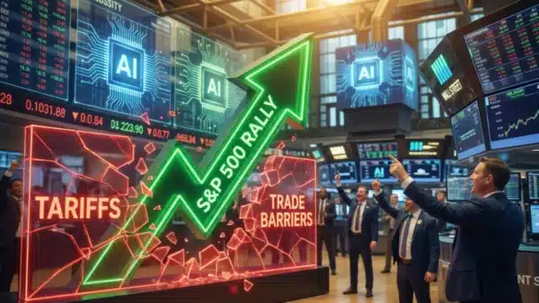 Graphique boursier illustrant le puissant rebond du SP500 propulsé par l'intelligence artificielle malgré les tarifs douaniers.