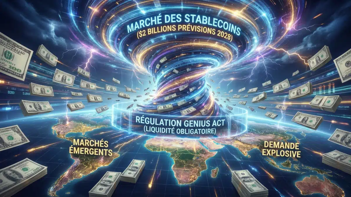 Illustration conceptuelle montrant un vortex numérique géant (le marché des stablecoins) aspirant massivement des certificats de bons du Trésor américain, sous l'influence du GENIUS Act et de la demande des marchés émergents.