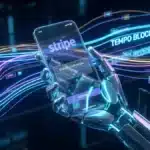 Illustration conceptuelle d'un agent IA effectuant des paiements autonomes en stablecoins via la technologie Stripe et la blockchain Tempo.
