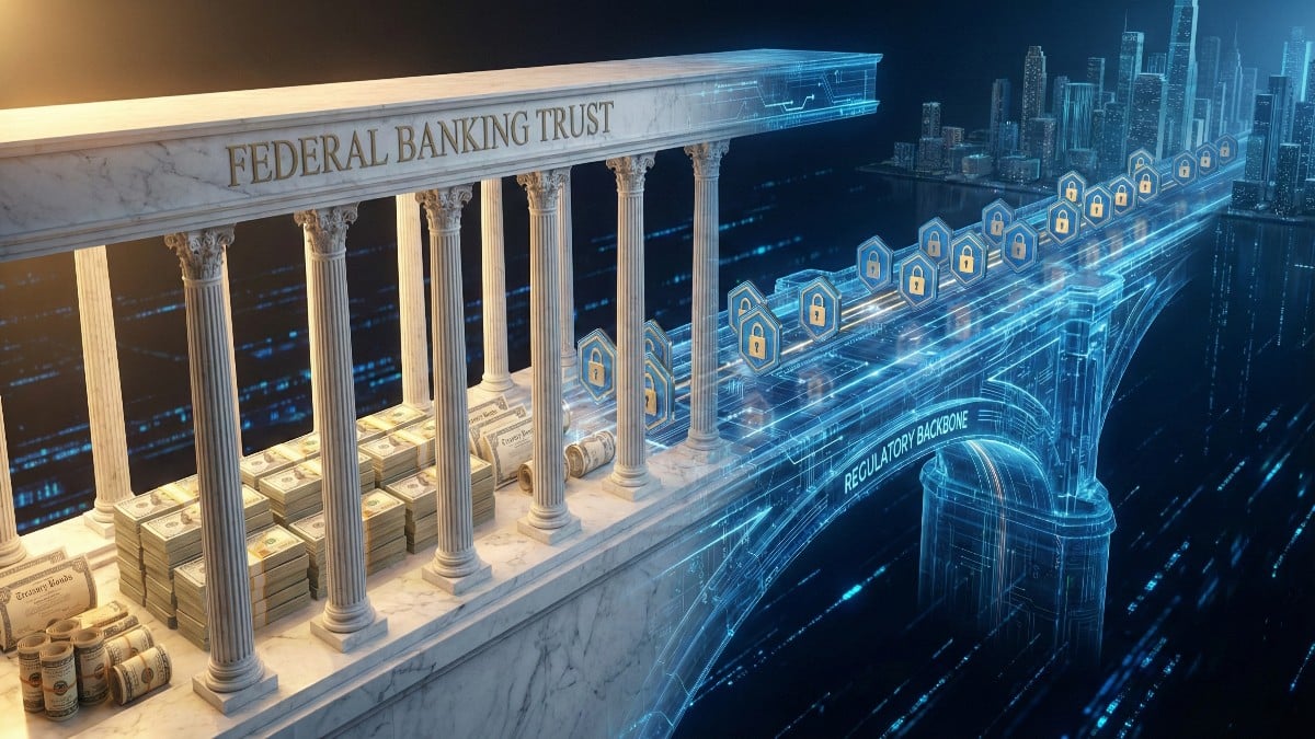 Illustration conceptuelle montrant un pont en marbre (banque fédérale) se transformant en une infrastructure numérique (stablecoins), symbolisant la nouvelle charte bancaire de Stripe Bridge.