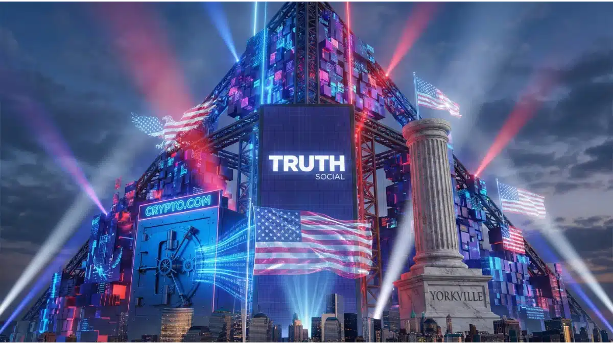 Illustration symbolique du partenariat entre Truth Social, Crypto.com (technologie) et Yorkville (conseil) pour lancer des ETF crypto "America First".