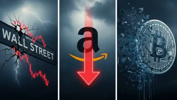 Graphiques montrant la chute simultanée de Wall Street et du marché crypto avec Amazon en baisse.