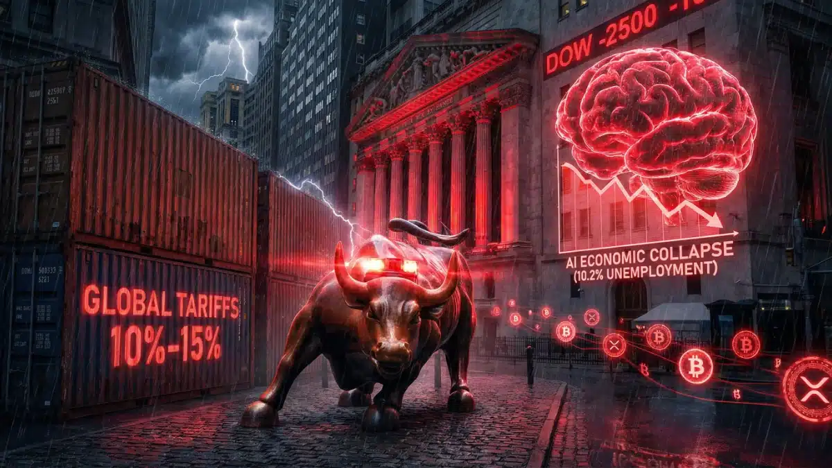Illustration dramatique montrant le taureau de Wall Street pris en étau entre des conteneurs symbolisant les tarifs douaniers et une projection menaçante d'un effondrement économique par l'IA, provoquant une fuite des cryptomonnaies.