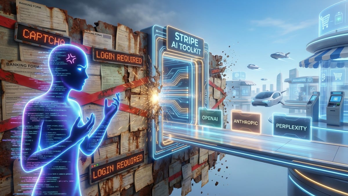 Illustration futuriste montrant un agent IA bloqué par l'ancien web bancaire, utilisant la nouvelle passerelle de paiement automatisée de Stripe pour accéder au commerce autonome.
