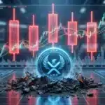 Graphique d'analyse technique illustrant les cinq bougies mensuelles rouges consécutives du jeton XRP, un schéma rare apparu en 2017.