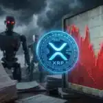 Illustration conceptuelle de la cryptomonnaie XRP coincée dans une tempête financière causée par les tarifs douaniers et les craintes de l'IA.