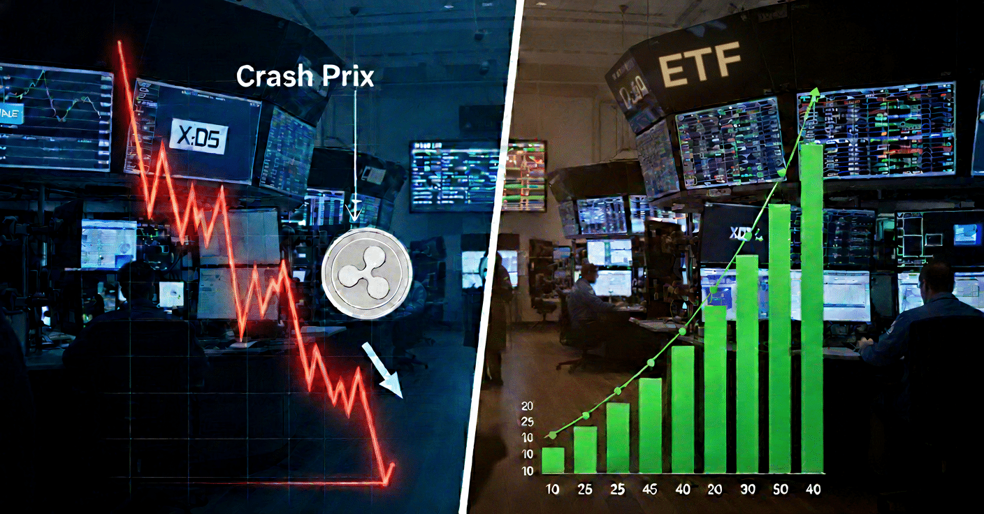 Graphique montrant la baisse du prix du XRP contrastée par la hausse des flux entrants dans les ETF.