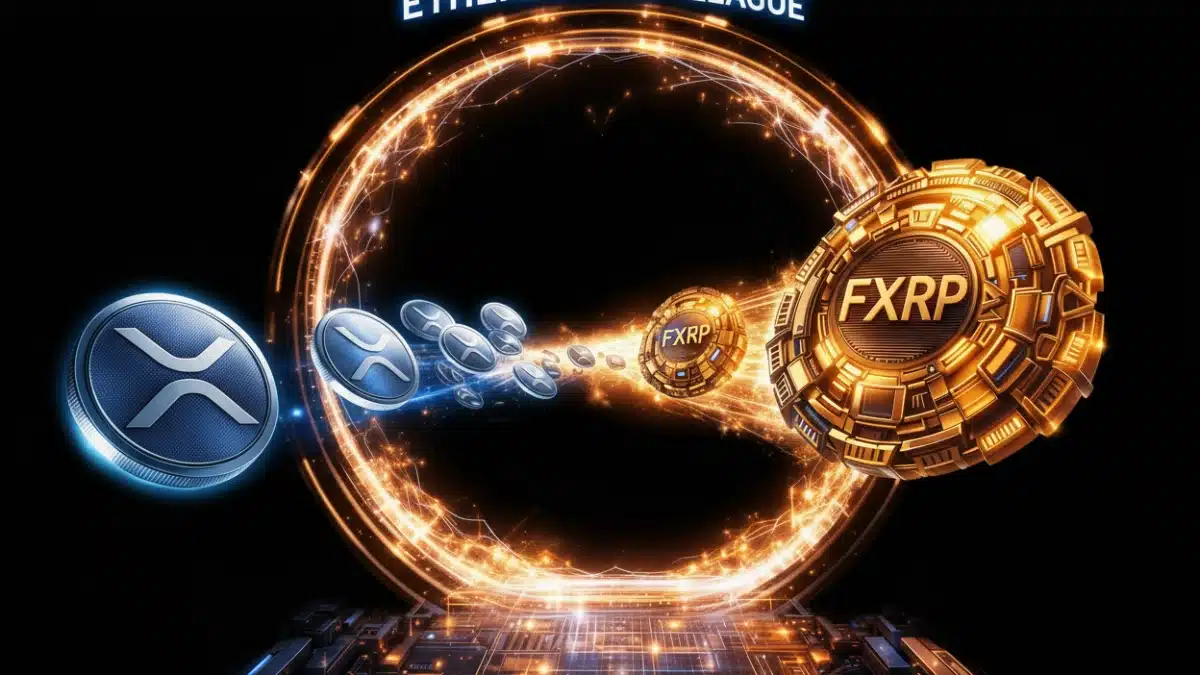 Illustration futuriste montrant des jetons XRP traversant un portail numérique pour se transformer en FXRP et intégrer l'écosystème DeFi d'Ethereum.
