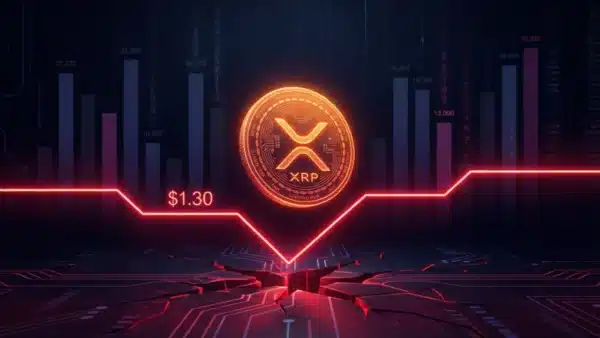 Illustration conceptuelle d'un jeton XRP menaçant de briser un support critique à 1,30 $ face à des carnets d'ordres vides.