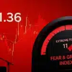 Graphique montrant la chute du prix du XRP à 1,36 $ dans un contexte de peur extrême sur le marché crypto.