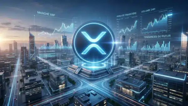 Graphique futuriste montrant l'analyse du prix du XRP en février 2026, stabilisé autour de 1,48 dollar.