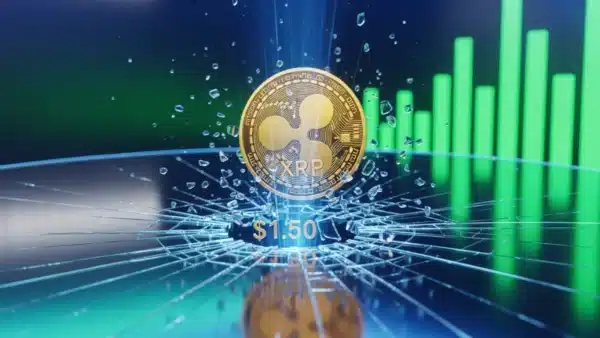 Graphique montrant l'explosion du prix du XRP à 1,50 dollar avec un fort volume.