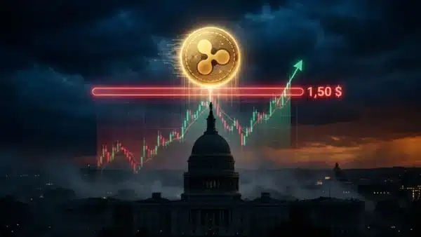 Graphique du XRP en hausse à 1,44 $ sur fond de shutdown du gouvernement américain, face à une résistance à 1,50$.