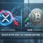 Illustration du duel XRP vs Bitcoin, montrant une baisse symbolique pour XRP suite aux prévisions négatives de Standard Chartered et la stabilité du BTC.