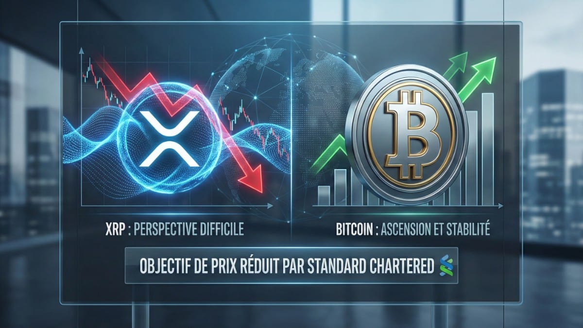 Illustration du duel XRP vs Bitcoin, montrant une baisse symbolique pour XRP suite aux prévisions négatives de Standard Chartered et la stabilité du BTC.