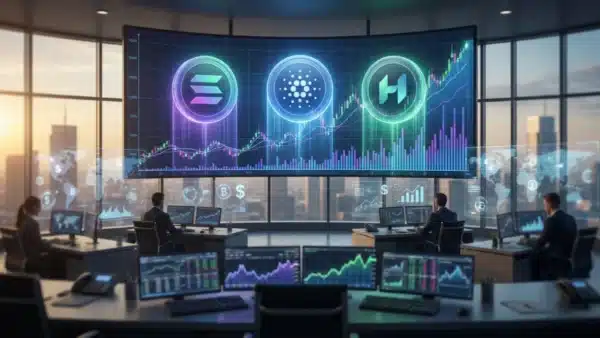 Tableau de bord boursier illustrant le puissant rebond haussier des Altcoins face a l'instabilite geopolitique mondiale.