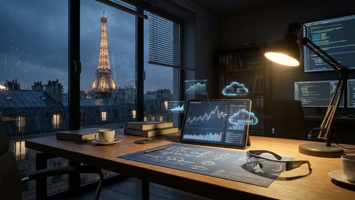 Un bureau moderne avec des graphiques illustrant l'analyse fondamentale financière.