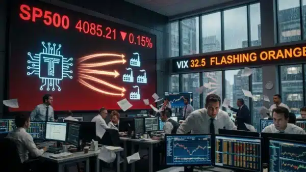 Illustration du SP500 en baisse face à la rotation sectorielle et la hausse de la volatilité.