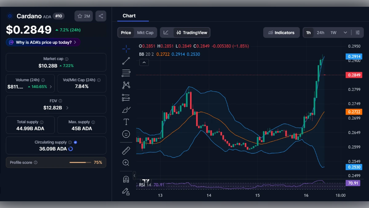 Graphique de trading en temps réel de la cryptomonnaie Cardano (ADA) affichant un prix de 0,2849 dollar