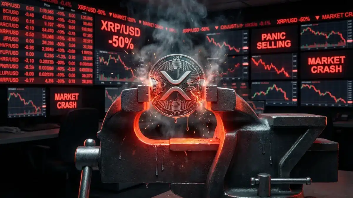 Illustration du jeton XRP compressé techniquement face au surendettement des traders sur le marché crypto.