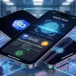 Concept 3D du nouvel iPhone 17 affichant l'Apple Vault et un paiement en Bitcoin via le réseau Base.