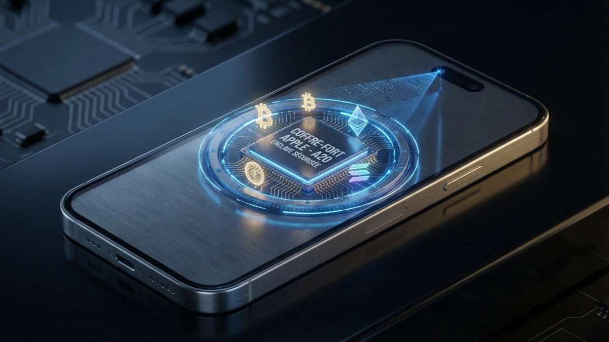 Illustration macro d'un iPhone 17 futuriste révélant son Apple Vault interne : une puce A20 ultra-sécurisée stockant des cryptomonnaies à froid, protégée par une validation biométrique Face ID.