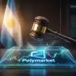 Illustration du marteau de la justice argentine s'abattant sur la plateforme de marché de prédiction Polymarket.