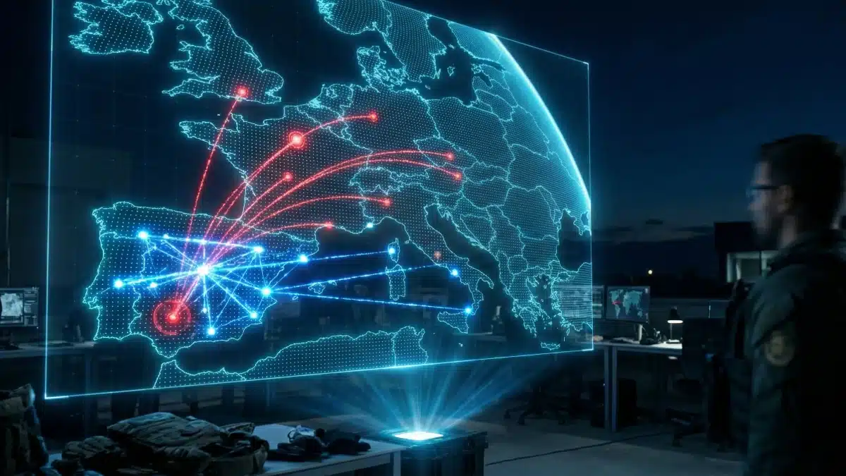 Illustration atmosphérique d'une carte nocturne de l'Europe montrant la convergence des forces de police (lumières bleues) dans le sud de l'Espagne pour neutraliser le dernier point d'un réseau criminel (lumières rouges) lié à une extorsion en cryptomonnaie.