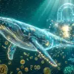 Illustration d'une énorme baleine crypto nageant parmi des jetons Bitcoin, symbolisant le réveil d'un portefeuille inactif depuis 13 ans.