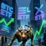 Illustration des ETF crypto Bitcoin, Solana et XRP dominant le marché financier de Wall Street.
