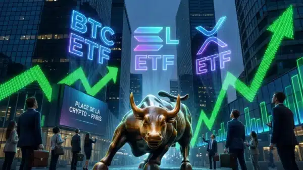 Illustration des ETF crypto Bitcoin, Solana et XRP dominant le marché financier de Wall Street.