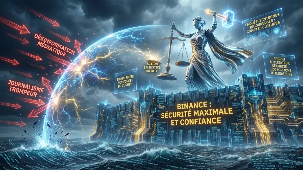 Illustration futuriste d'une forteresse Binance repoussant la désinformation médiatique avec un bouclier énergétique et une figure de justice brandissant un marteau, tout en affichant ses mesures de sécurité interne et la protection des utilisateurs.