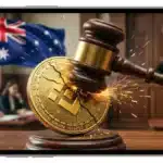 Illustration d'un marteau de justice frappant le logo de Binance suite à sa condamnation en Australie.