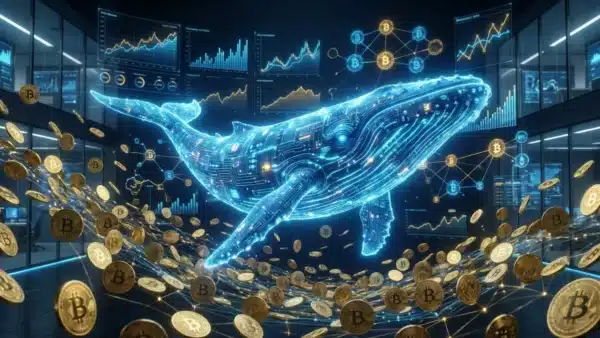 Illustration d'une baleine crypto engloutissant massivement des jetons Bitcoin sur le marché.