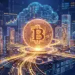 Illustration conceptuelle du Bitcoin alimentant un réseau financier multi-couches (Layers 2).