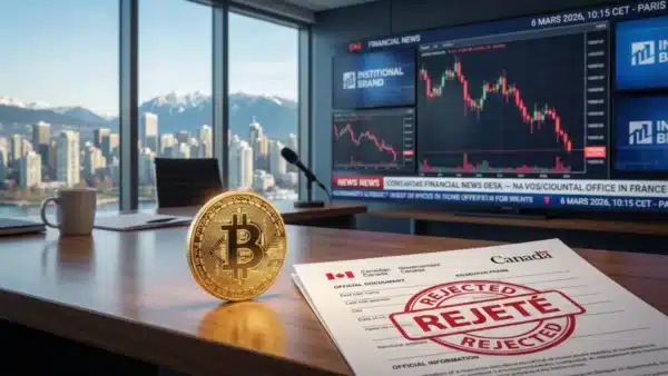 Illustration conceptuelle de l'administration de Vancouver rejetant l'adoption du Bitcoin comme réserve financière municipale.