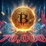 Illustration d'une pièce de Bitcoin brisant le support des 70 000 dollars et entraînant les altcoins dans sa chute.